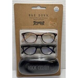 Rae Dunn  2 Pair Blue Light Blocking Reading Glasses & 1 Case  ~ Brown & Clear